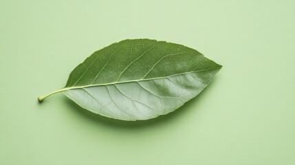 Obraz premium Single green leaf on a light green background.