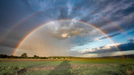 Double Rainbow over Lush Green Field with Shadow