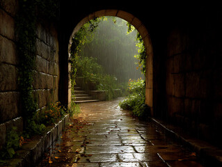 Mysterious arched stone passageway leading to a sunlit overgrown garden