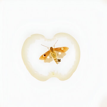 Boring trace of a codling moth Cydia Pomonella, in a wormy apple. On white background.