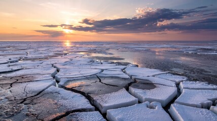 Sunset over a Frozen Sea Cracked Ice and Dramatic Sky