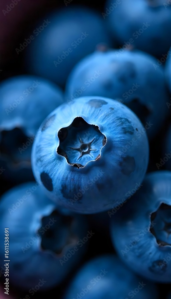 Poster generative ai blueberries close-up showcases intricate textures and vibrant color in a captivating