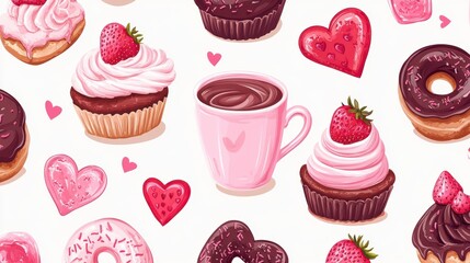 Seamless pattern of delicious cupcakes, donuts, hot chocolate, and hearts.