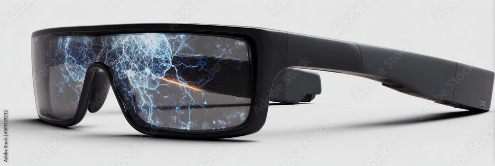 Poster smart glasses showcasing advanced neural overlay with side panels innovative design in a modern envi