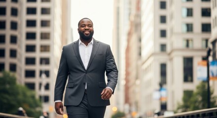 Smiling plus-size African American businessman in gray suit walking confidently through downtown city street. Professional success, body positivity concept.