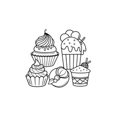 Collection of sweet dessert outlines on a white background