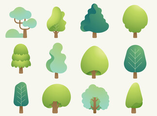 Collection of flat vector trees in various shapes and shades of green. Minimalist nature illustration set, perfect for eco-friendly designs, landscaping concepts and environmental project.
