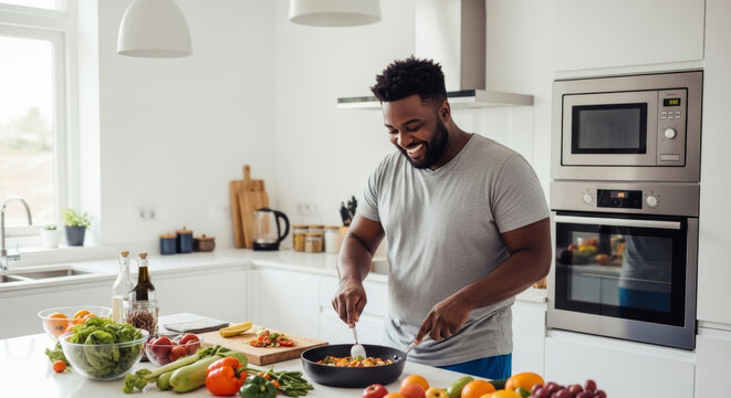 Happy plus-size man cooking a healthy meal with fresh vegetables in a modern kitchen, perfect for lifestyle and culinary content.