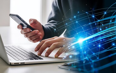 Person using smartphone and laptop with glowing digital data streams