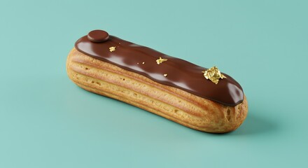 Gourmet Chocolate Eclair with Gold Leaf, Isolated on a Pastel Background