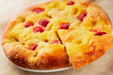 Sweet pie raspberry  frangipane dessert baking fresh delicious gourmet food background on the table rustic food top view copy space