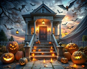3d icon of a spooky haunted house with glowing jackolanterns and flickering candles lines the stairs on a dark, batfilled halloween night