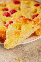 Sweet pie raspberry  frangipane dessert baking fresh delicious gourmet food background on the table rustic food top view copy space