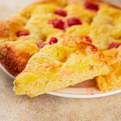 Sweet pie raspberry  frangipane dessert baking fresh delicious gourmet food background on the table...