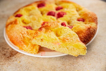 Sweet pie raspberry  frangipane dessert baking fresh delicious gourmet food background on the table rustic food top view copy space