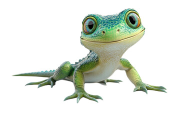Obraz premium Cute green lizard with big eyes isolated on white background