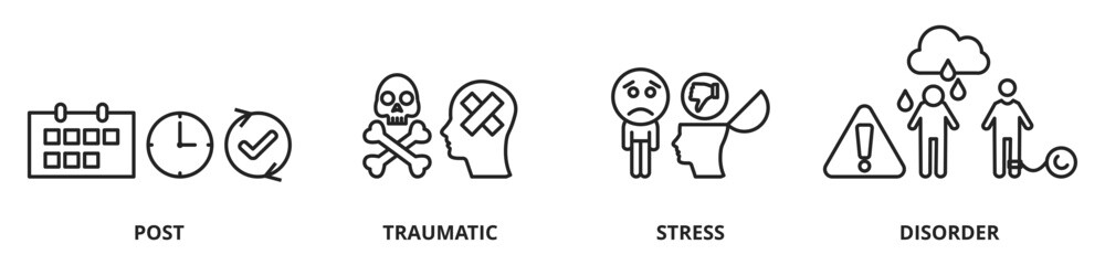 PTSD concept infographic with vector icons. Posttraumatic stress disorder is a mental disorder that can develop after a person is exposed to a traumatic event