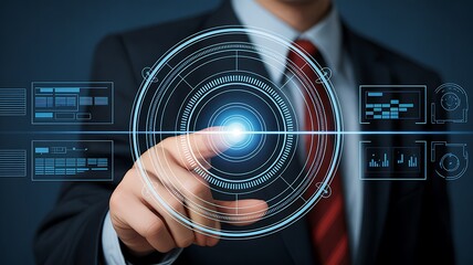 Businessman touching futuristic digital interface with glowing fingerprint scanner