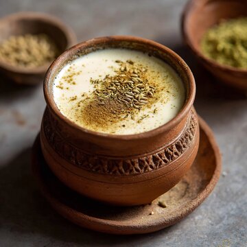 Authentic indian spiced buttermilk chaas served in a traditional clay pot presentation