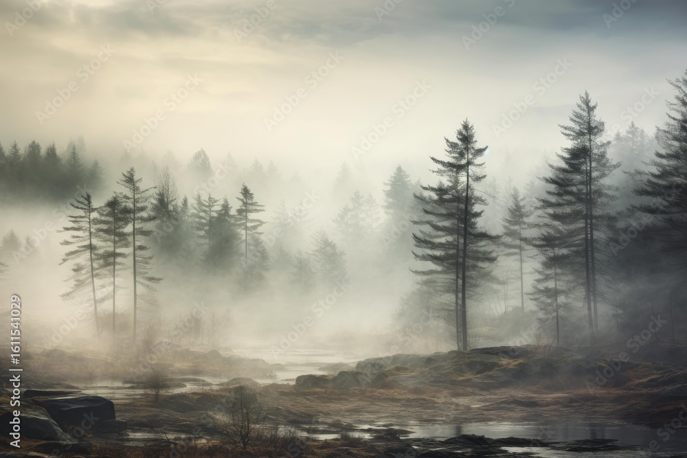 Poster coniferous trees and river are barely visible through thick fog at sunrise, creating a mysterious an