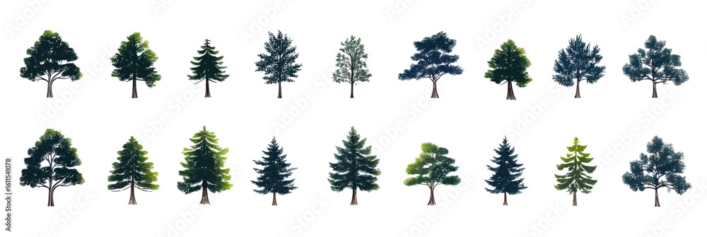 Poster collection of twenty different flat minimalist evergreen trees and conifer forest tree illustrations