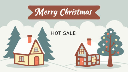 Fototapeta premium Merry Christmas Hot Sale: Cute Vintage Winter Village Scene with Snowy Houses and Decorated Tree