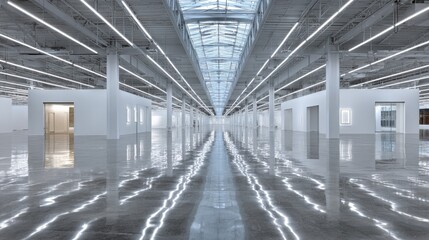 Obraz premium Modern Architectural Marvel: The interior perspective of a pristine, modern architectural space, characterized by clean lines, and minimalist design, showcasing a long, reflective floor. 