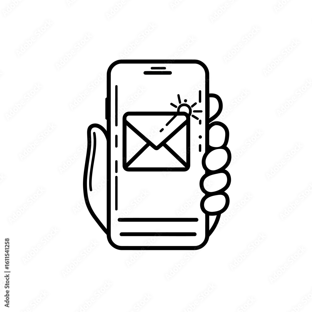 Poster hand holding smartphone displaying new email message notification icon in minimalist black line art 