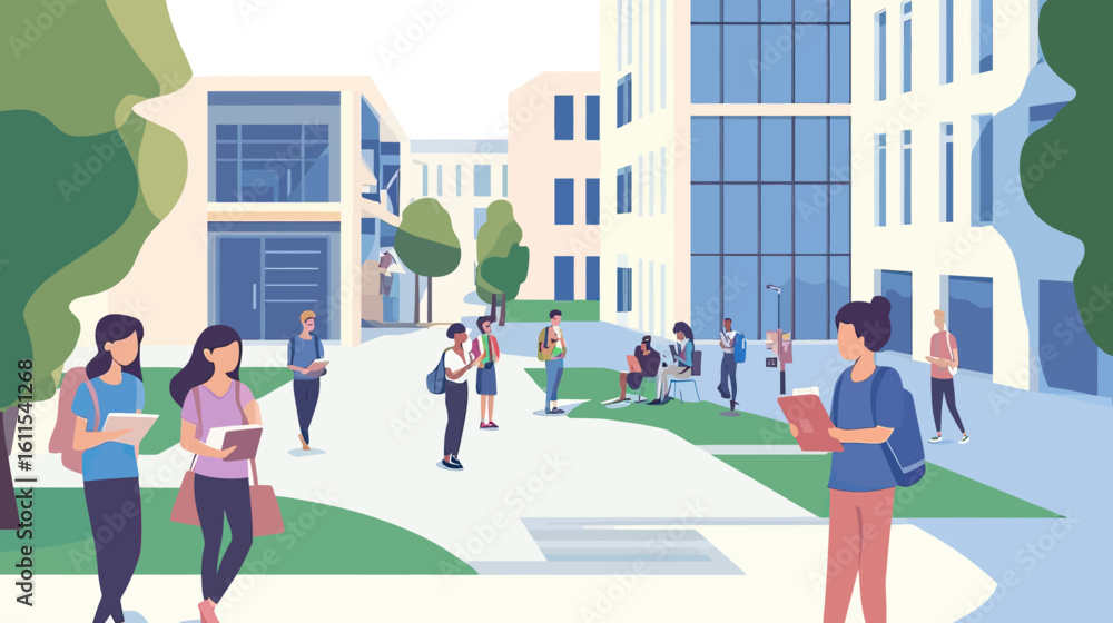 Poster diverse students interacting studying and walking outside modern university campus building with gre