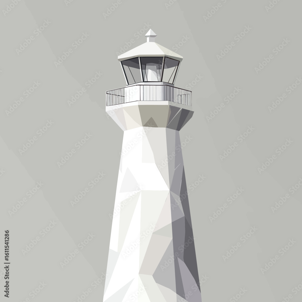 Poster abstract low poly white lighthouse tower with geometric facets and observation deck on gray backgrou