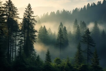 Sunlight is filtering through the fog in a misty forest of pine trees at sunrise