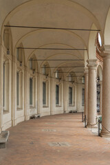 Arched portico of the Rotonda della Besana, a baroque cloister in the heart of Milan (Lombardy),...