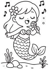 Coloring book mermaid singing joyfully with music notes floating around.