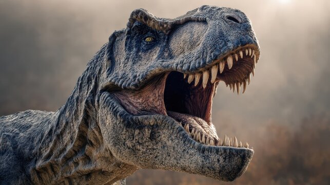 Close-up of a dramatic roaring dinosaur with sharp teeth - Powered by Adobe