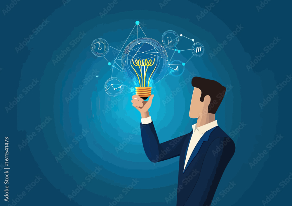 Poster businessman holding glowing light bulb with connected data analytics icons and network digital visua