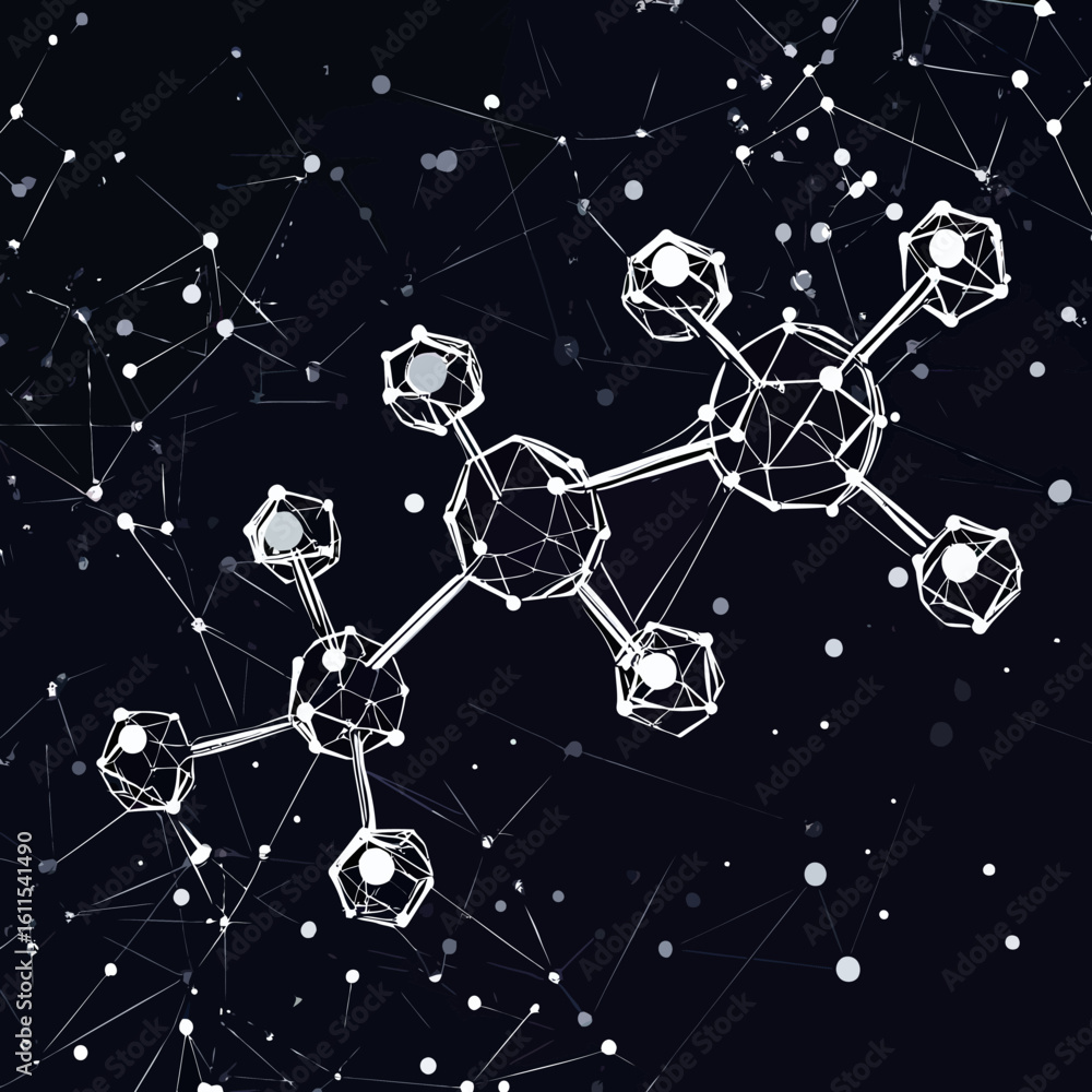 Poster white low poly molecular structure with connected dots and polygonal wireframe design on black backg