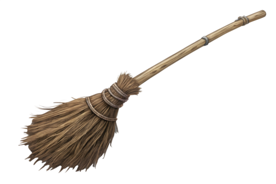 A realistic, detailed photograph of a rustic wooden broomstick, isolated on a transparent background, perfect for magical or halloween themes