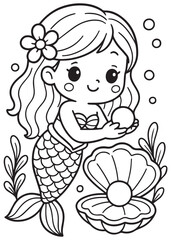 Coloring book mermaid holding a big pearl from an open clam under the sea.