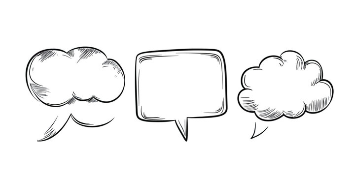 Hand drawn speech bubbles and quote boxes set with cloud shapes and rectangular frames in sketched doodle style for communication and messaging design