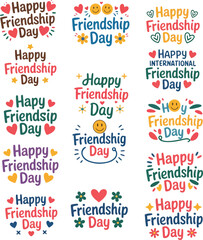 Fototapeta premium cute friendship day badge collection with hearts, smiley icons, and colorful hand-drawn typography