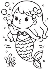 Coloring book  mermaid blowing bubbles underwater.