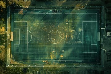 Aerial view of a deserted soccer field showing signs of wear and tear, highlighting the impact of time and neglect on sporting venues