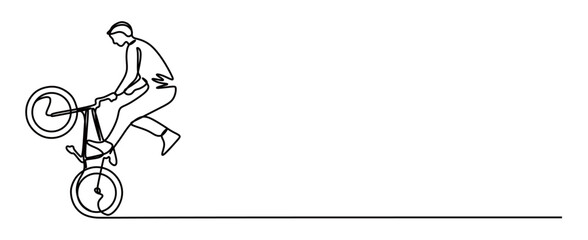 Continuous line art of a man performing and stunting on his bicycle. High jumps and falls from a height, the concept of showing off his cycling skills.