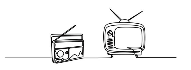 continuous line art of an old-fashioned TV and radio. a collection of antique electronic items.
