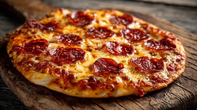 Classic New York style pepperoni pizza bubbling cheese and thin crust placed on a rustic wooden board