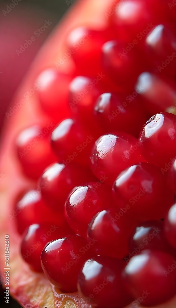Poster generative ai: close-up of a radiant pomegranate section showcasing vivid ruby-red arils