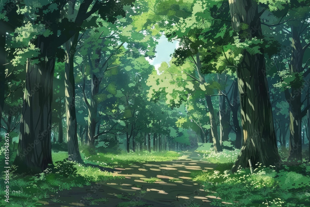 Poster sunbeams illuminate path winding through tranquil forest, creating dappled patterns on ground