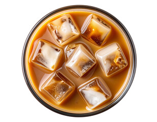 Top View of Iced Coffee with Milk and Ice Cubes in Round Glass Transparent PNG
