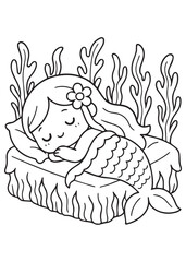Coloring book mermaid sleeping on a bed of sea plants.
