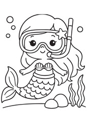 Coloring book mermaid snorkeling underwater with a mask.